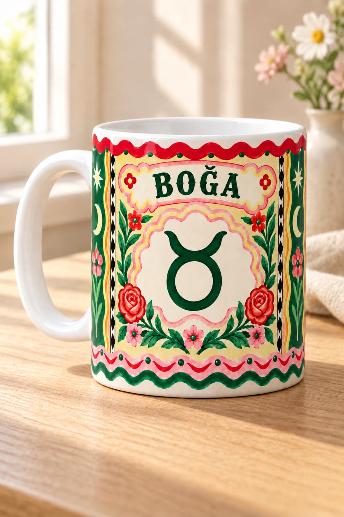 Boğa Burcu Çiçekli Sarmal Baskılı Beyaz Kupa