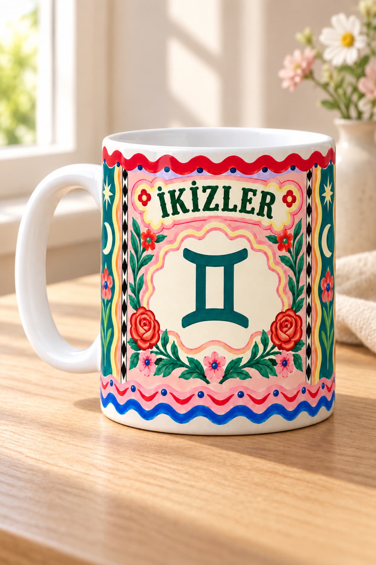 İkizler Burcu Çiçekli Sarmal Baskılı Beyaz Kupa