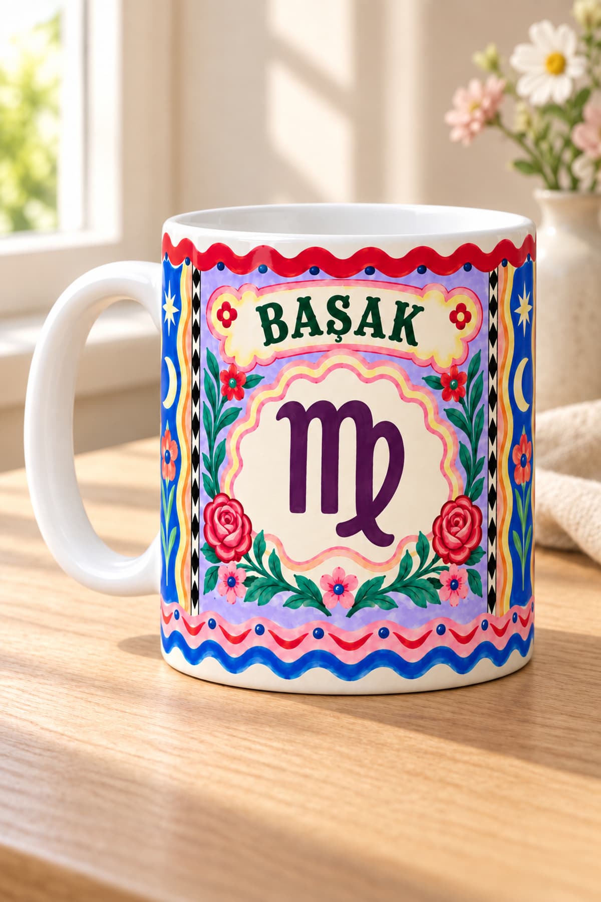 Başak Burcu Çiçekli Sarmal Baskılı Beyaz Kupa