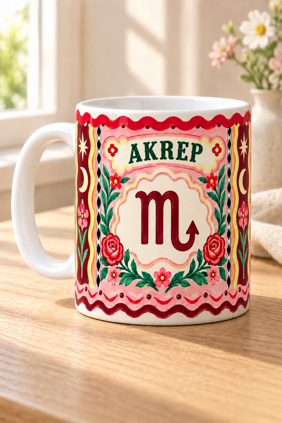 Akrep Burcu Çiçekli Sarmal Baskılı Beyaz Kupa