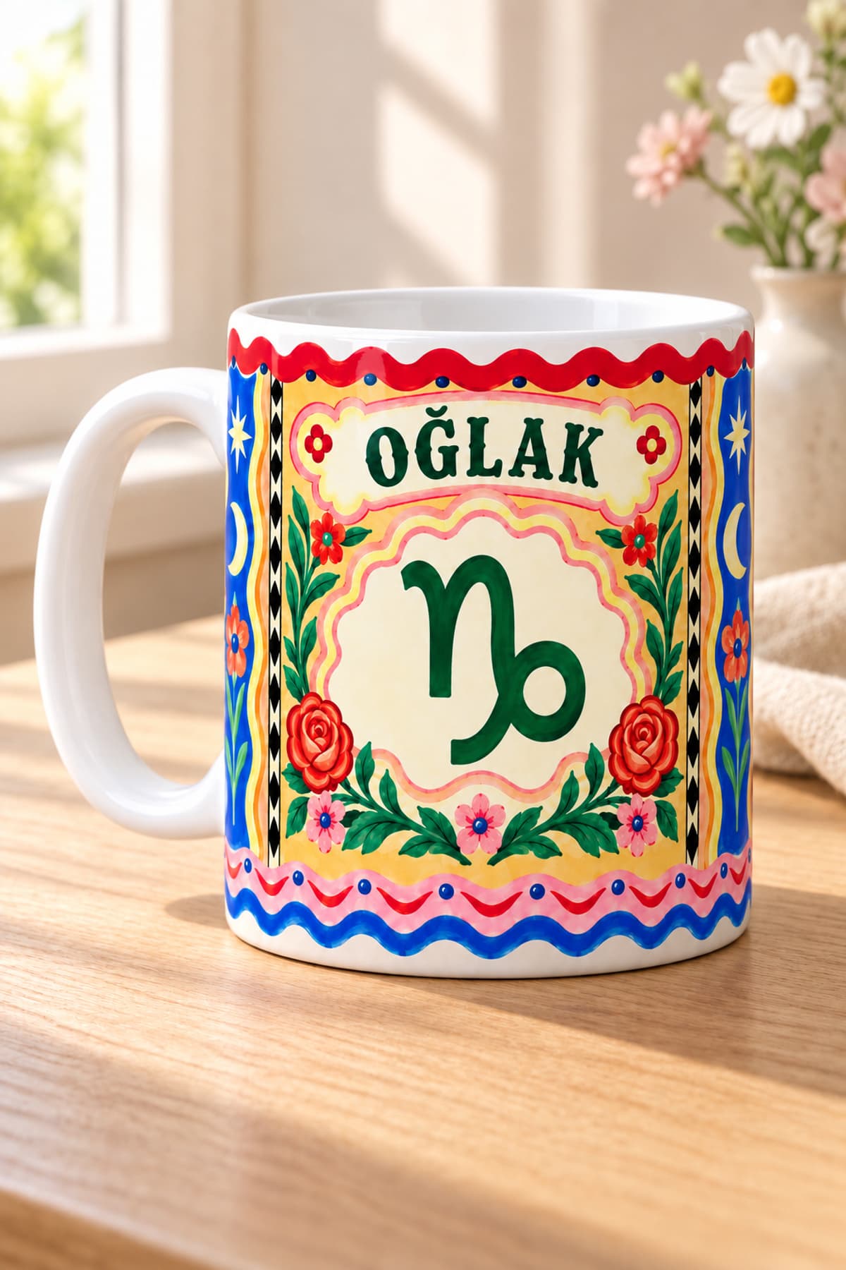 Oğlak Burcu Çiçekli Sarmal Baskılı Beyaz Kupa