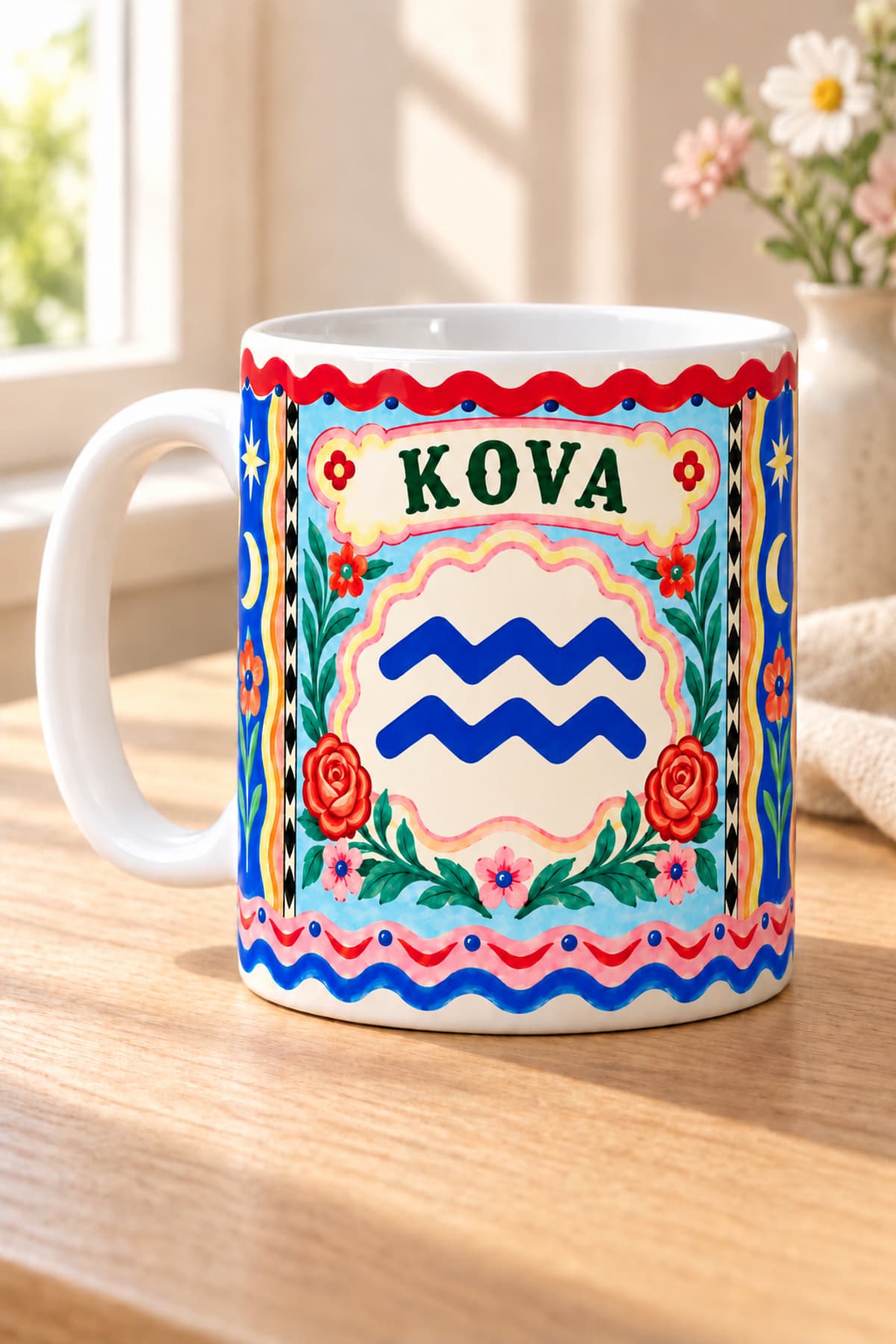 Kova Burcu Çiçekli Sarmal Baskılı Beyaz Kupa