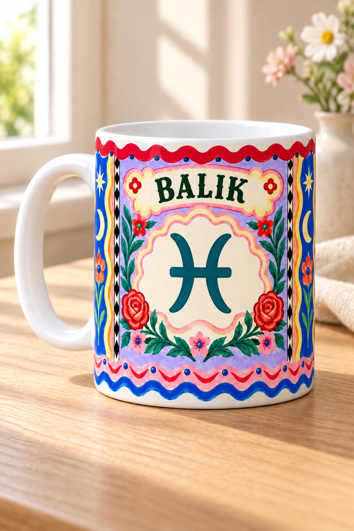 Balık Burcu Çiçekli Sarmal Baskılı Beyaz Kupa