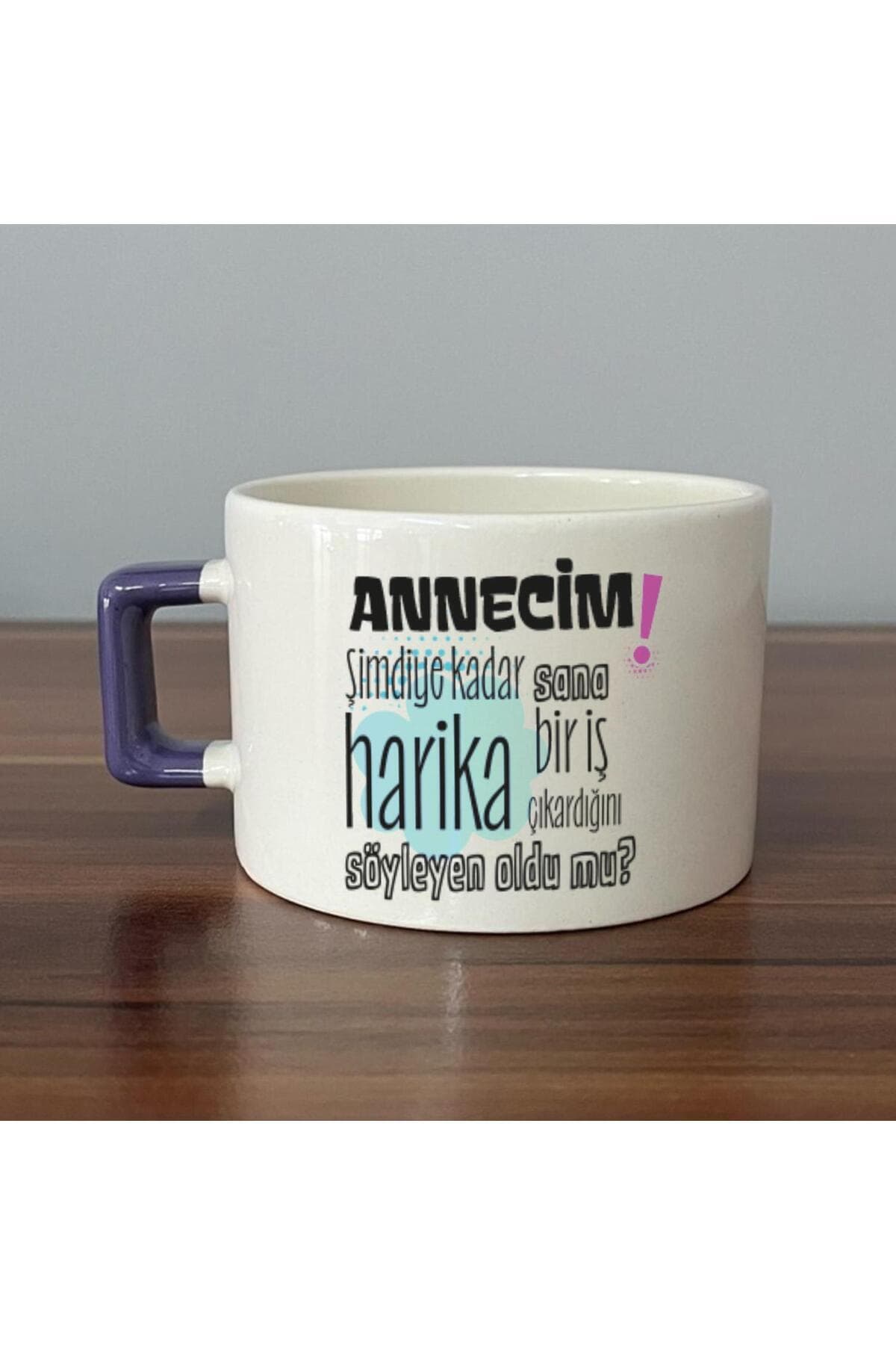Annecim Şimdiye Kadar Sana Harika Baskılı Mor Kulplu Kare Espresso Fincanı