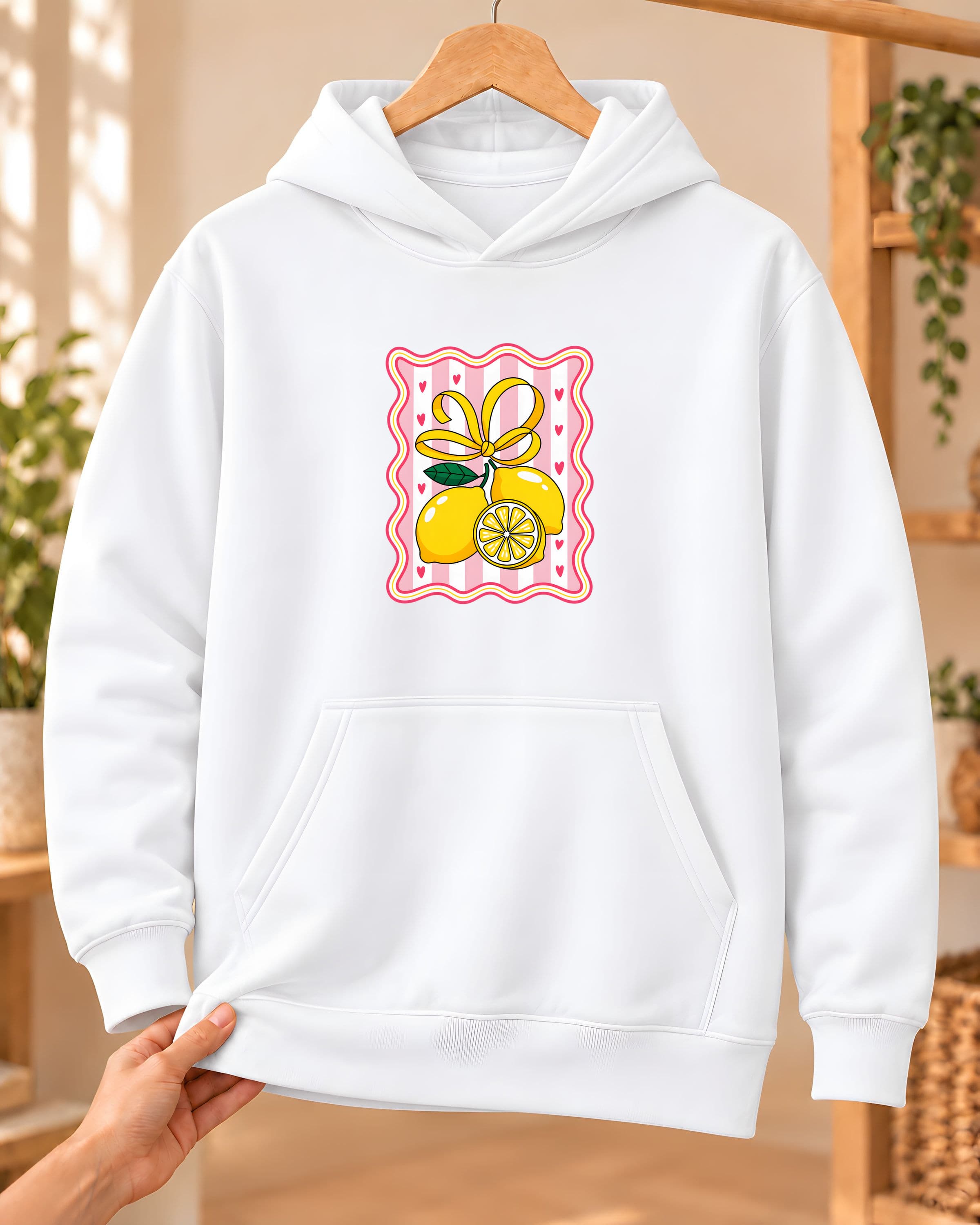 Fiyonklu Limon Baskılı Kadın Kapüşonlu Sweatshirt - Beyaz (S) - S