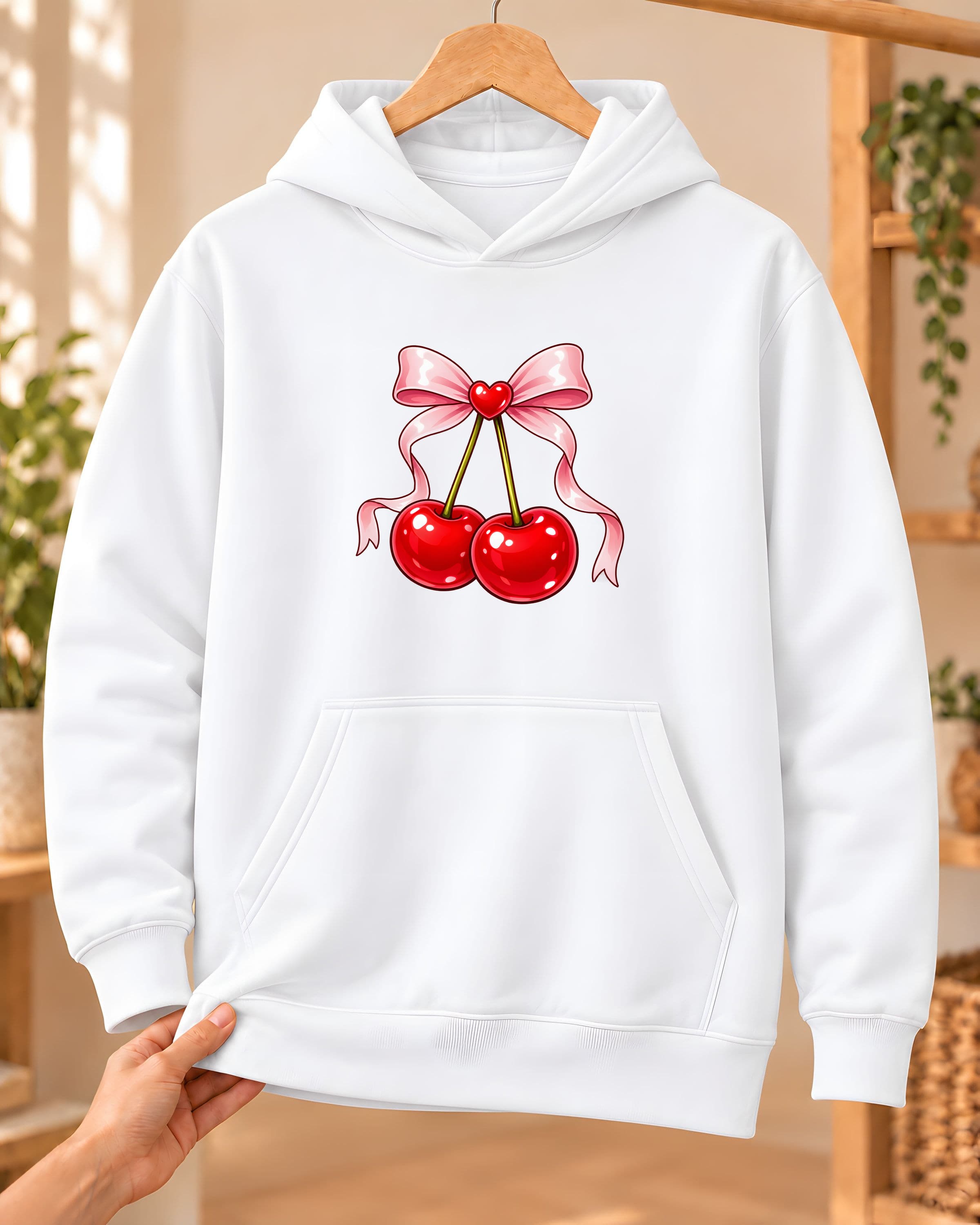 Kalpli Fiyonklu Kiraz Baskılı Kadın Kapüşonlu Sweatshirt - Beyaz (S) - S