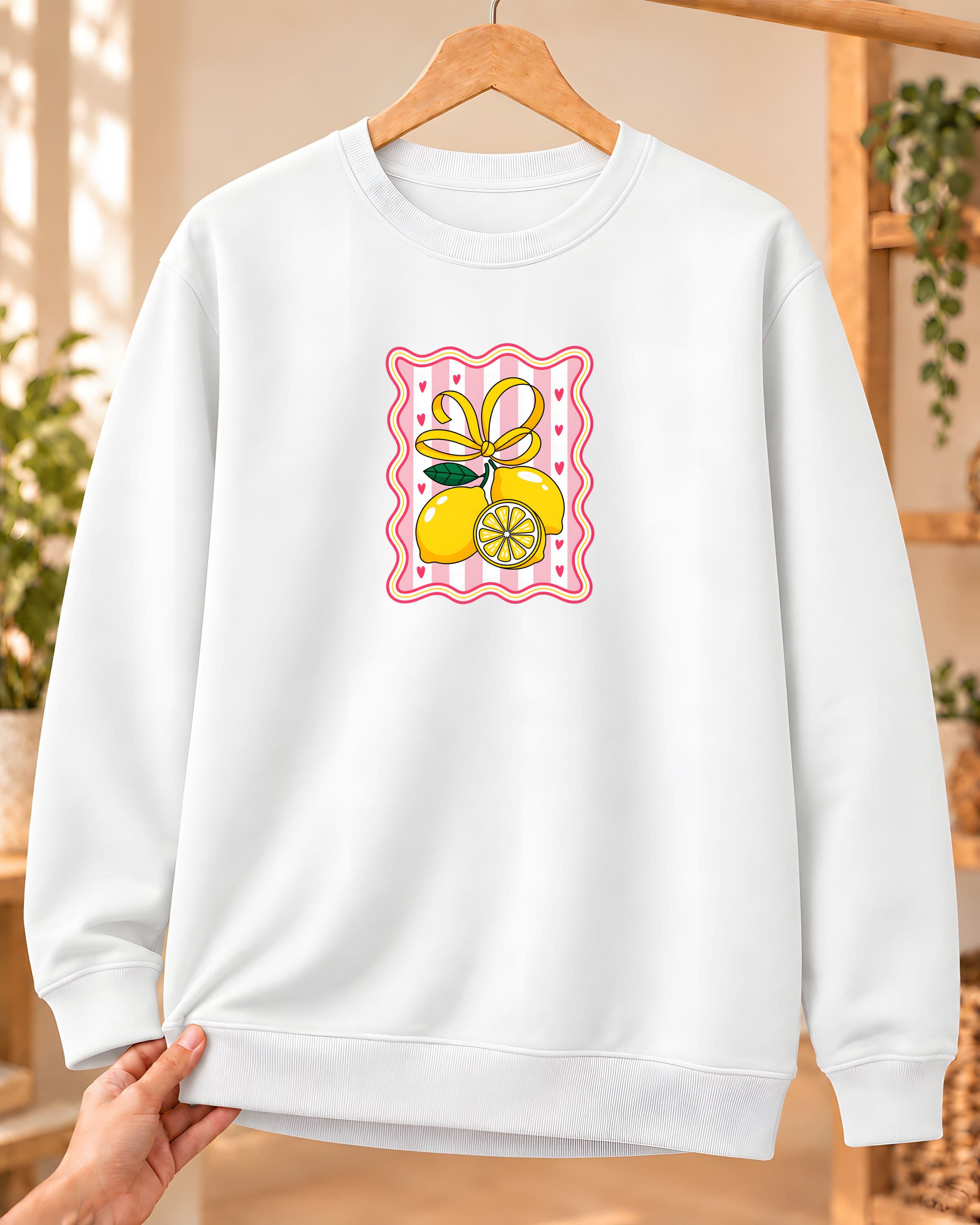 Fiyonklu Limon Baskılı Kadın Bisiklet Yaka Sweatshirt - Beyaz (S) - S