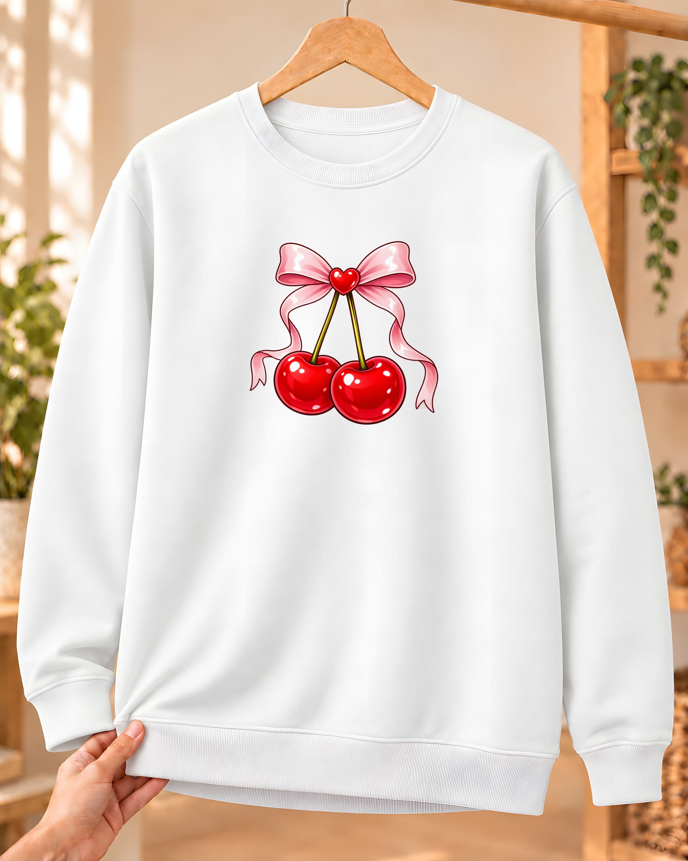 Kalpli Fiyonklu Kiraz Baskılı Kadın Bisiklet Yaka Sweatshirt - Beyaz (S) - S