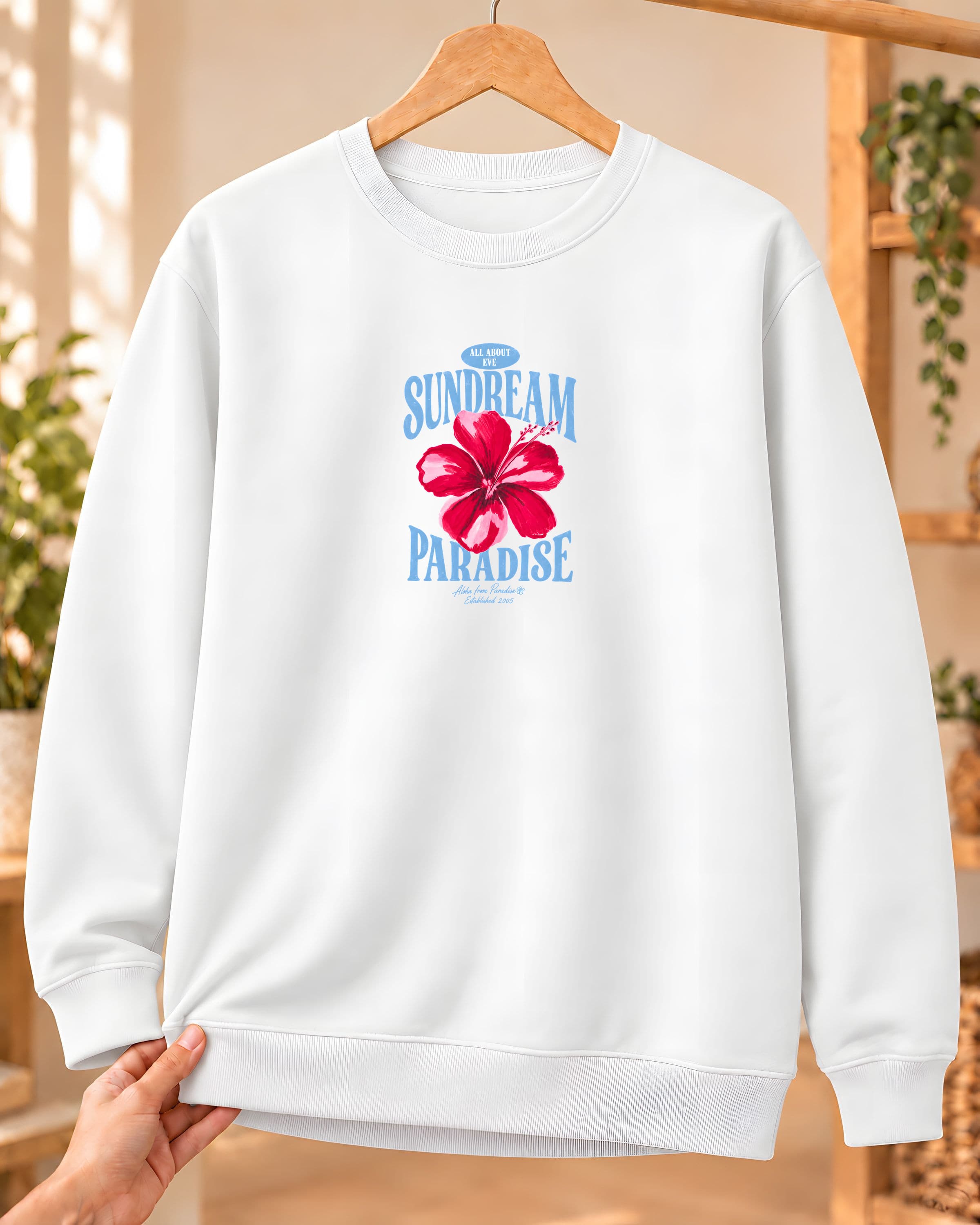 Sundream Paradise Hibiskus Baskılı Kadın Bisiklet Yaka Sweatshirt - Beyaz (S) - S
