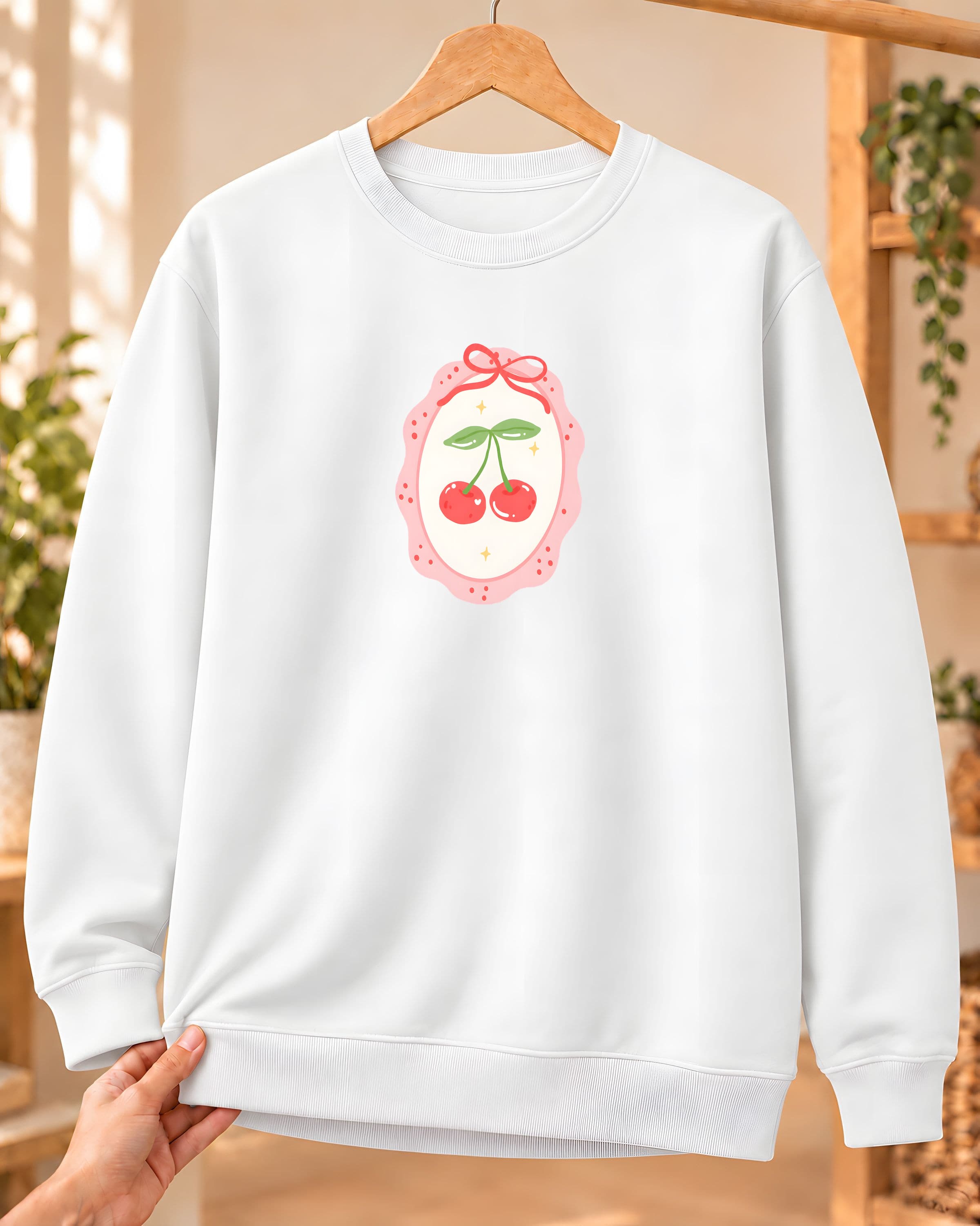 Oval Çerçeveli Kiraz Baskılı Kadın Bisiklet Yaka Sweatshirt - Beyaz (S) - S