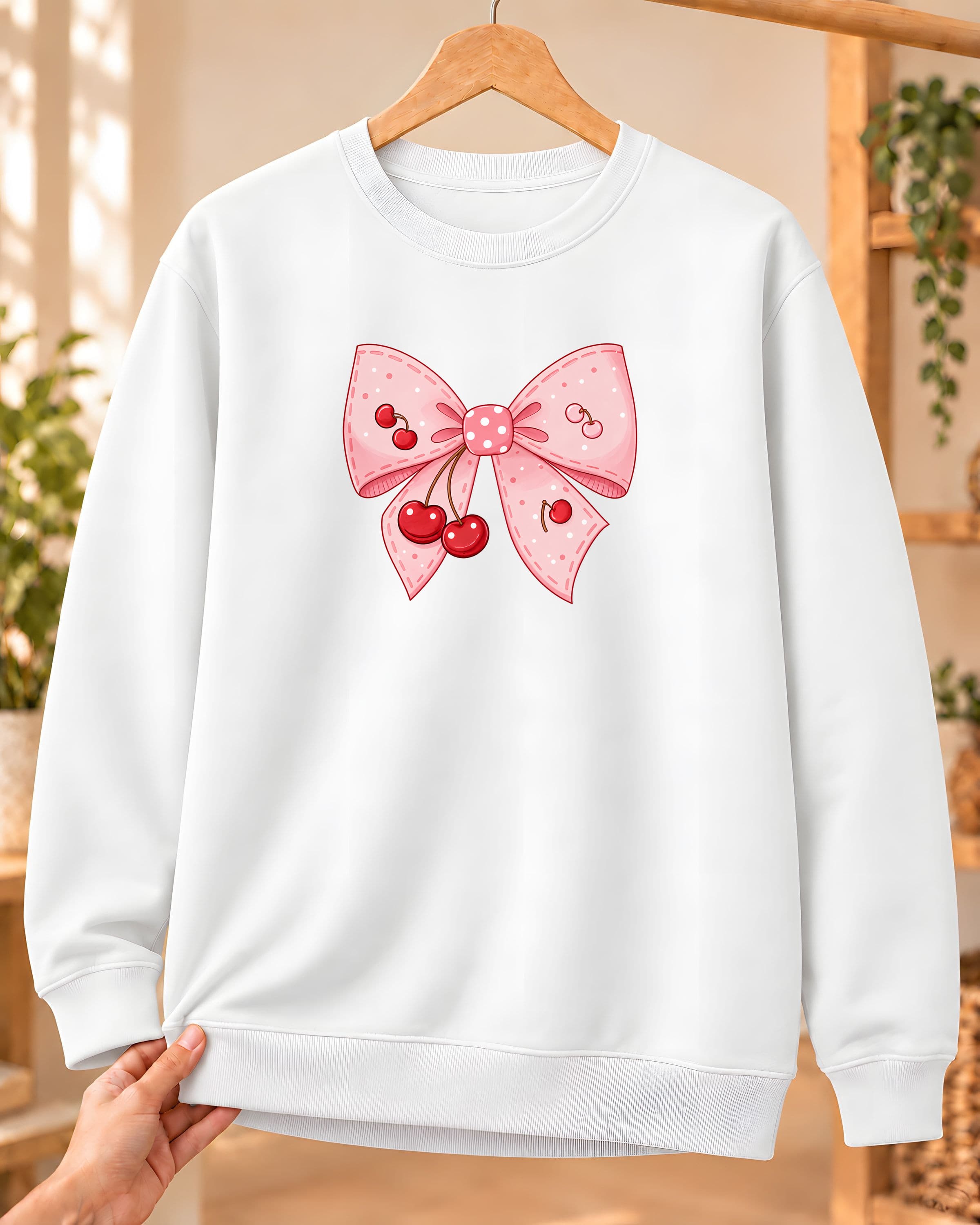 Kirazlı Pembe Fiyonk Baskılı Kadın Bisiklet Yaka Sweatshirt - Beyaz (S) - S
