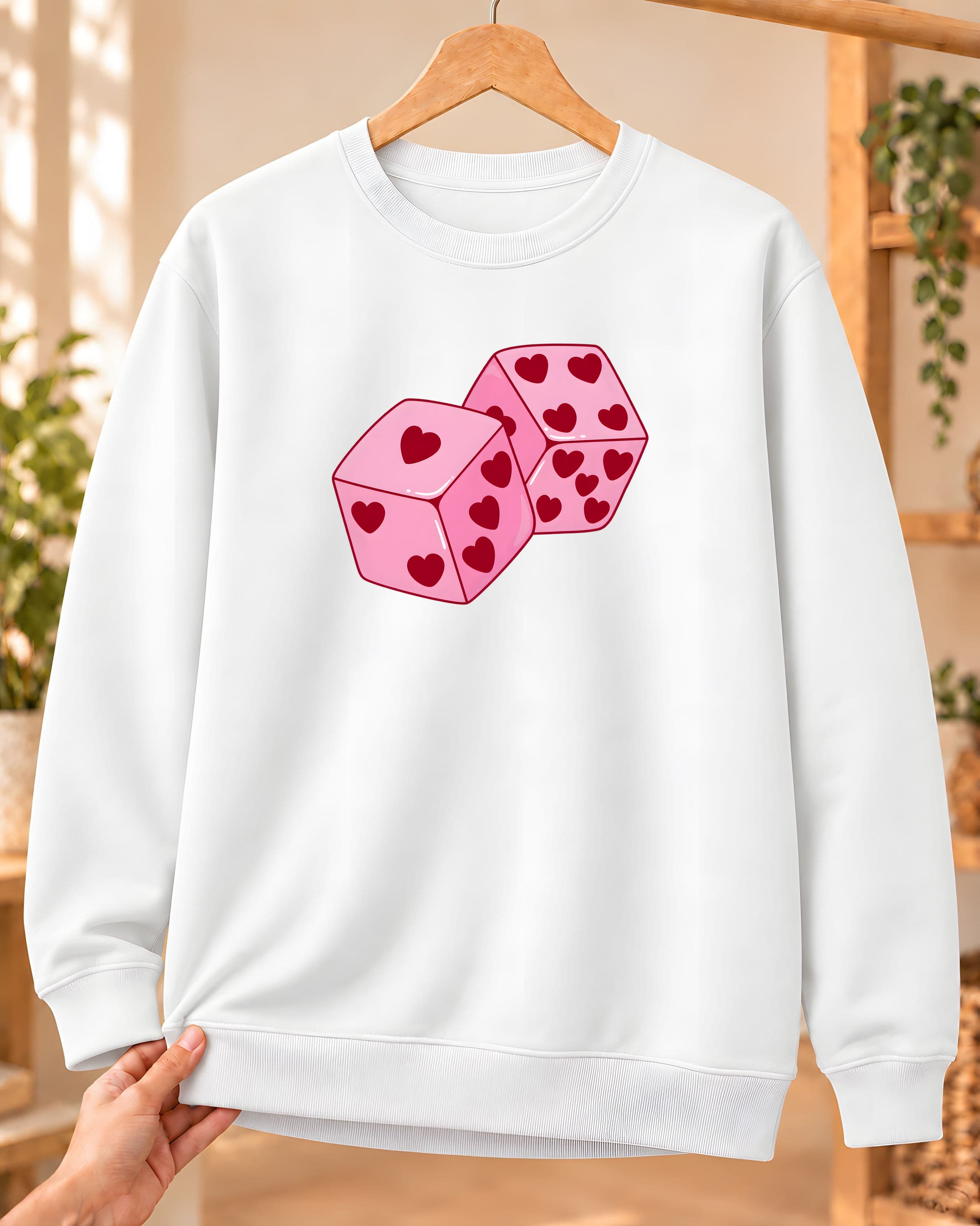 Kalpli Pembe Zarlar Baskılı Kadın Bisiklet Yaka Sweatshirt - Beyaz (S) - S