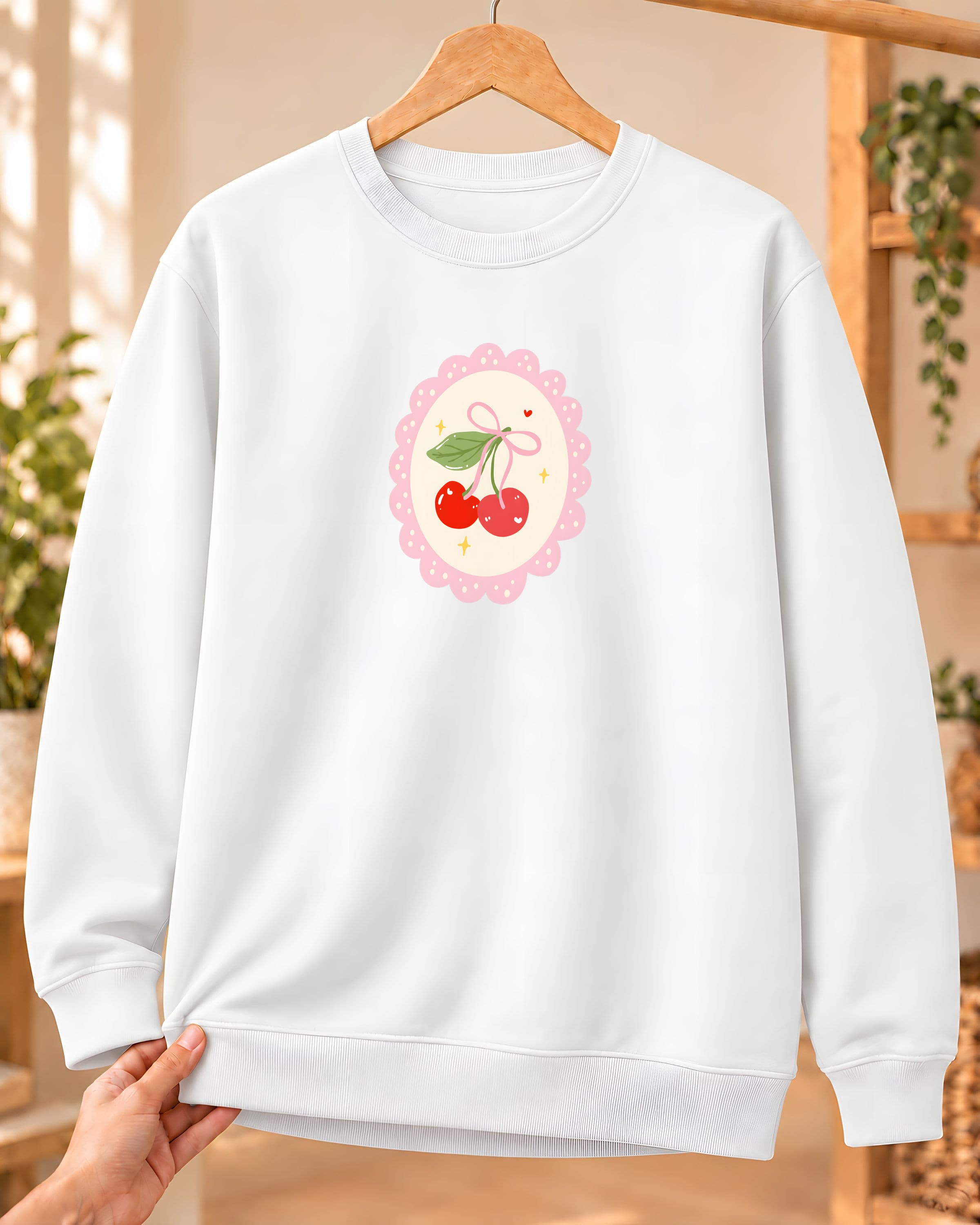 Dantel Çerçeveli Kiraz Baskılı Kadın Bisiklet Yaka Sweatshirt - Beyaz (S) - S