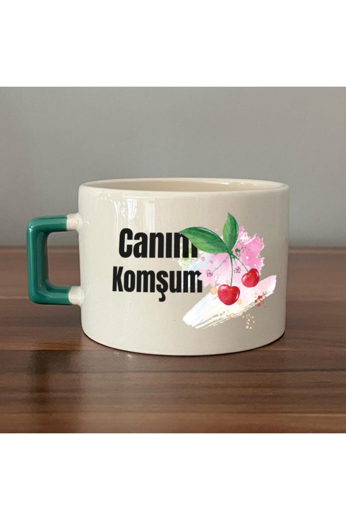 Canım Komşum Baskılı Yeşil Kulplu Kare Espresso Fincanı