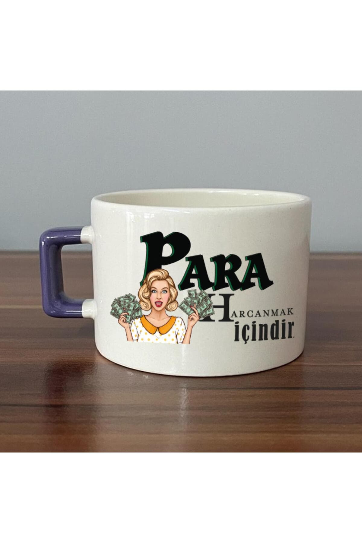 Para Harcamak İçindir Baskılı Mor Kulplu Kare Espresso Fincanı