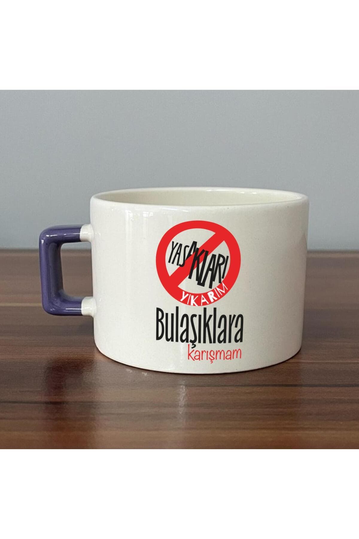 Yasakları Yıkarım Bulaşıklara Karışmam Baskılı Mor Kulplu Kare Espresso Fincanı