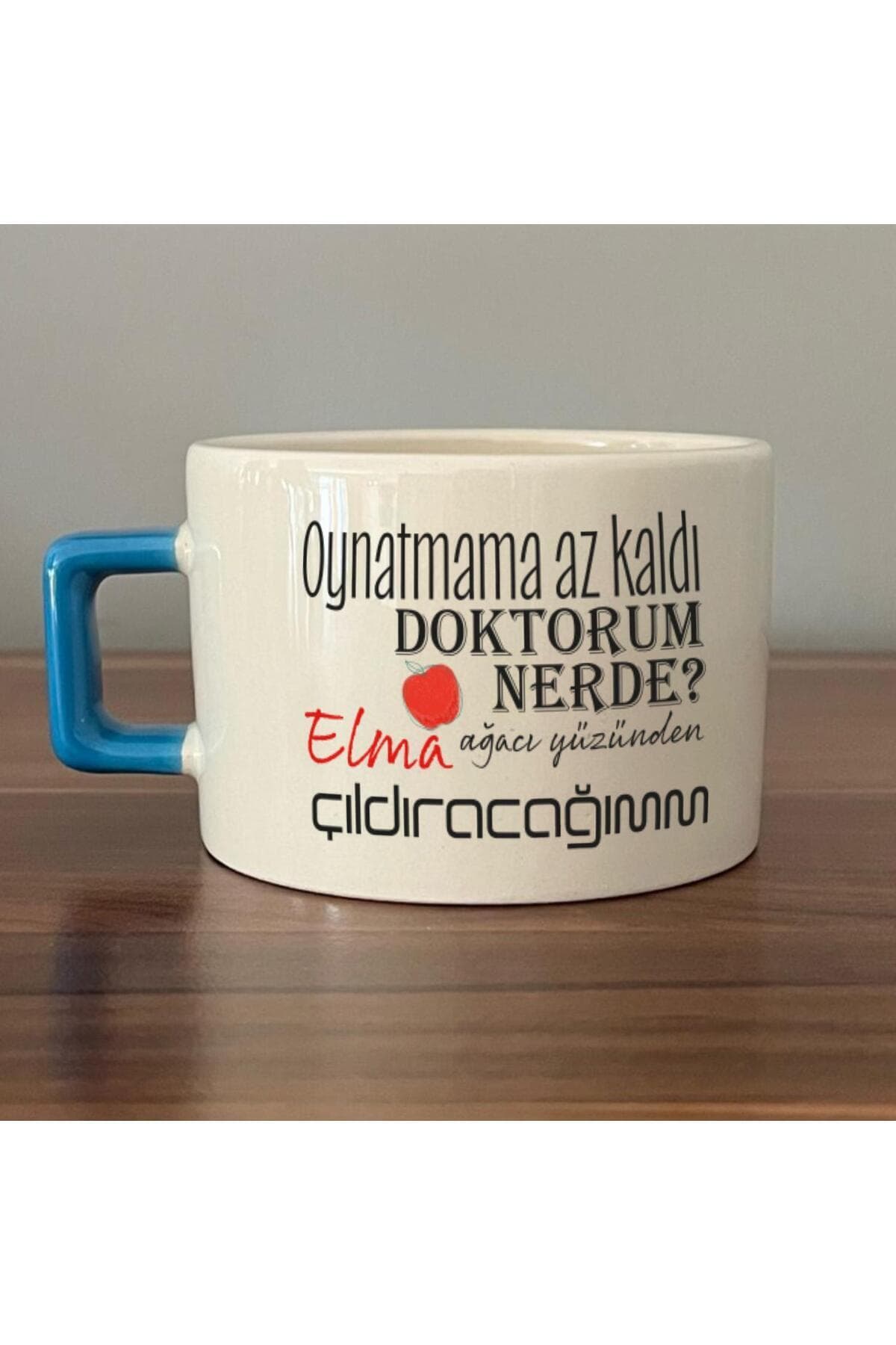 Oynatmama Az Kaldı Doktorum Nerede Baskılı Mavi Kulplu Kare Espresso Fincanı