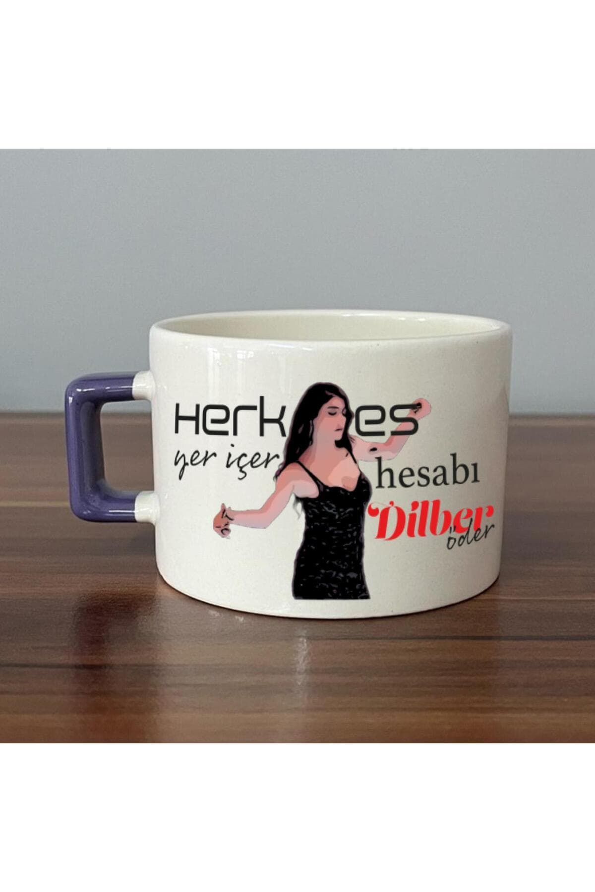 Herkes Yer İçer Hesabı Dilber Öder Baskılı Mor Kulplu Kare Espresso Fincanı