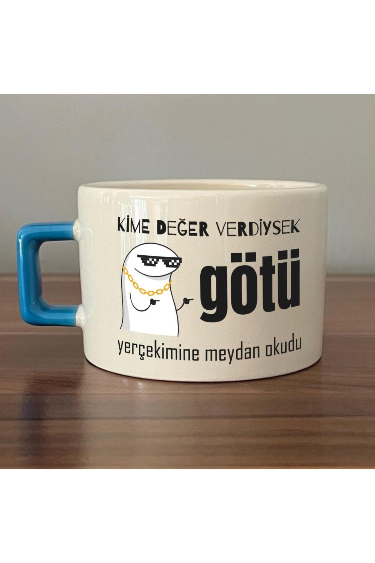 Kime Değer Verdiysek Götü Yerçekimine Meydan Okudu Baskılı Mavi Kulplu Kare Espresso Fincanı