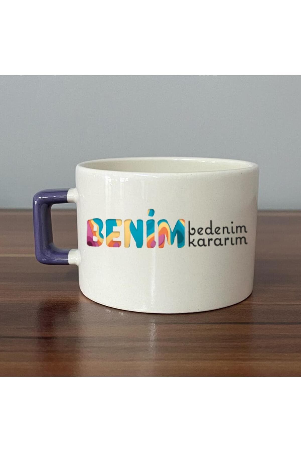 Benim Bedenim, Benim Kararım Baskılı Kadınlar Günü Mor Kulplu Kare Espresso Fincanı