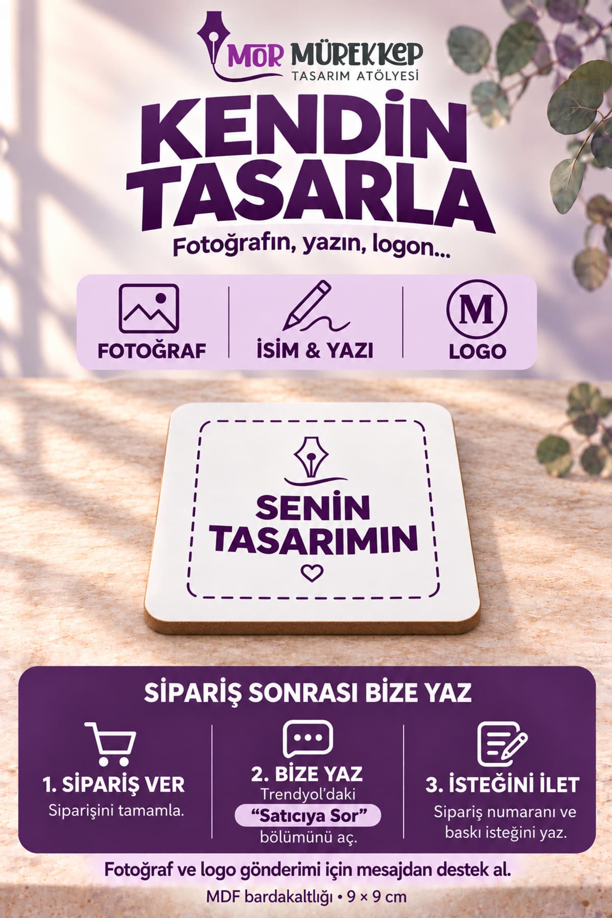 Kendin Tasarla Baskılı 9x9 cm Kare MDF Bardak Altlığı Ahşap