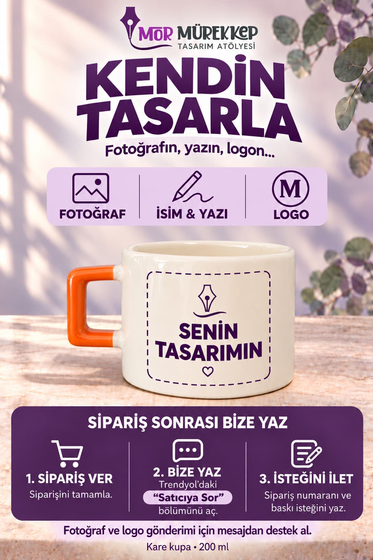 Kendin Tasarla Baskılı Turuncu Kulplu Kare Kupa Bardak Fincan Mug