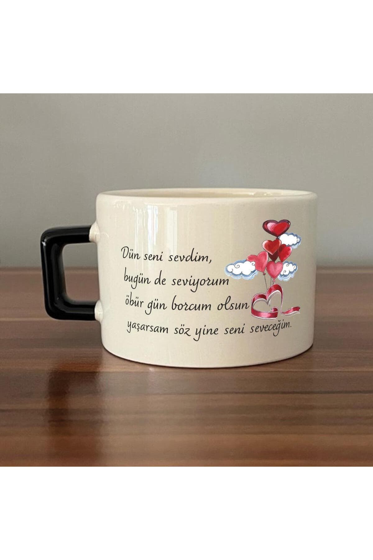 Dün Seni Sevdim Baskılı Siyah Kulplu Kare Espresso Fincanı